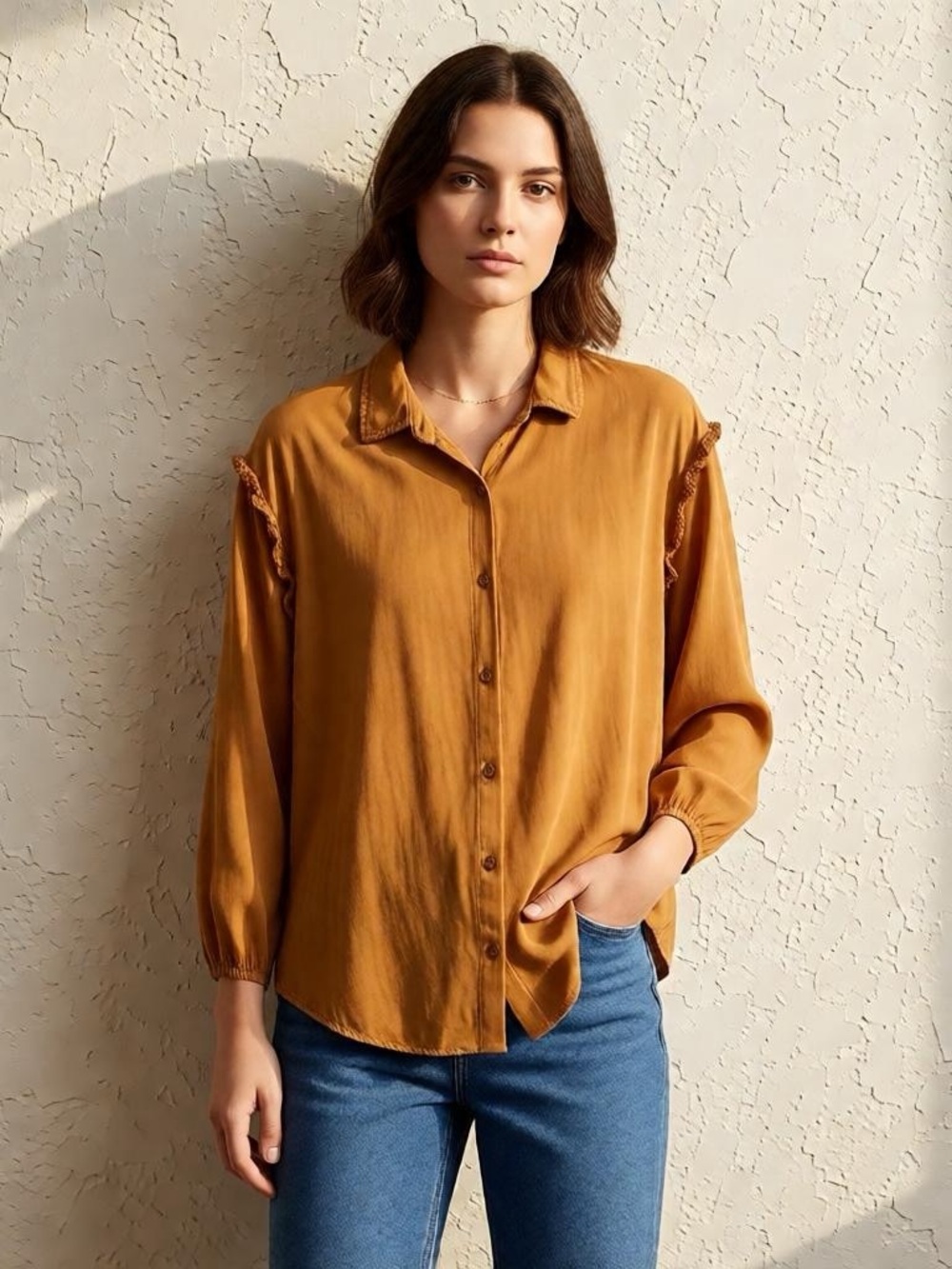Cato Mustard Ruffle Sleeve Button-Down Blouse | Women’s Small